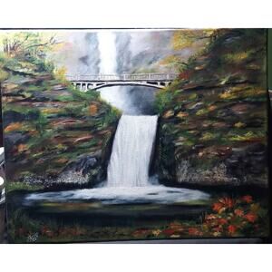 Original Acrylic Waterfall Painting – Scenic Bridge & Autumn Land 16x20